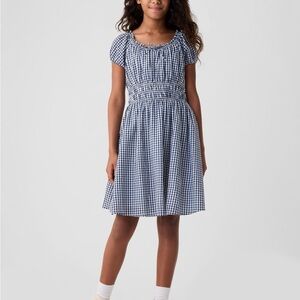 GAP DÔEN Navy blue gingham Checkered girls dress S 6-7 smock shirred cotton